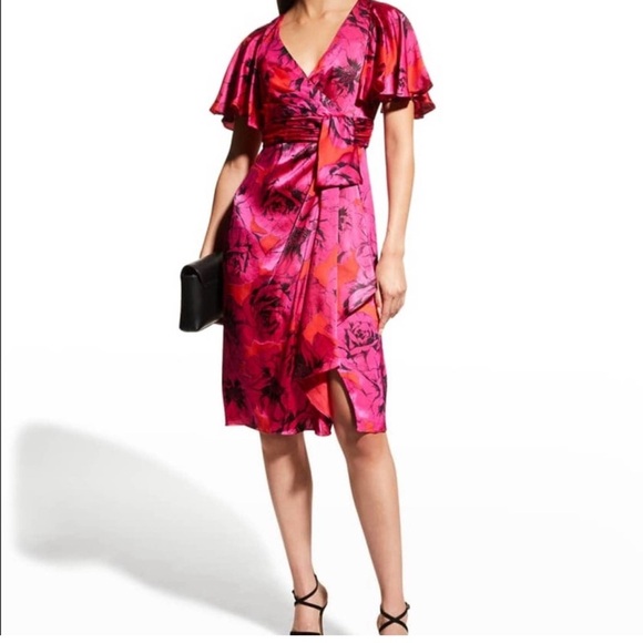 Theia Sadie Floral Satin Wrap Dress ,size 4 - Picture 6 of 7